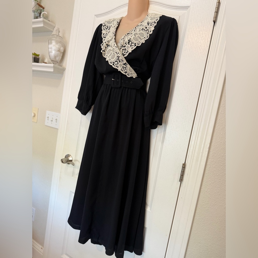 VTG 80s Jane Singer Black Cream Lace Dress Romantic Witchy Whimsygoth Prairie 14 - Picture 5 of 13